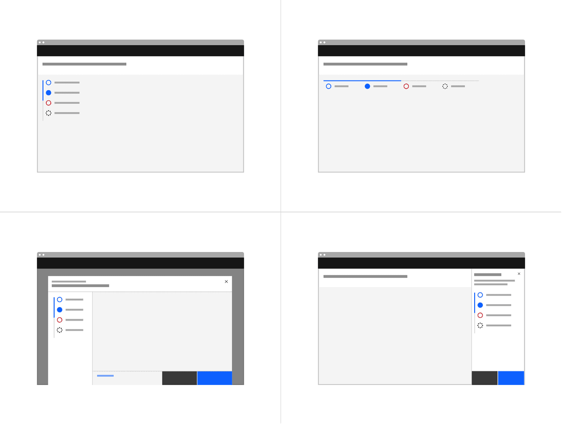 Examples of progress indicators on a full page, tearsheet, and side panel