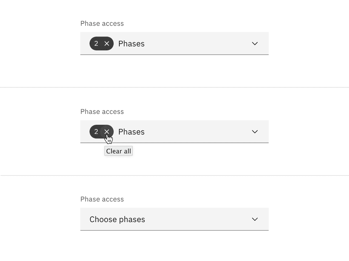 Multiselect dropdown clear tag interaction.