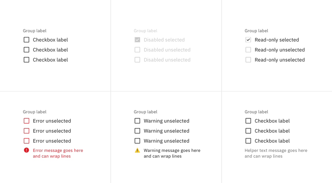 Enabled, disabled, read-only, error, warning and helper text states for checkbox group
