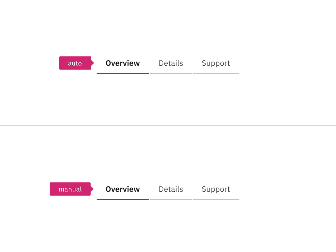 Two tabs, one with a pink annotation reading "auto", the other with an annotation "manual"