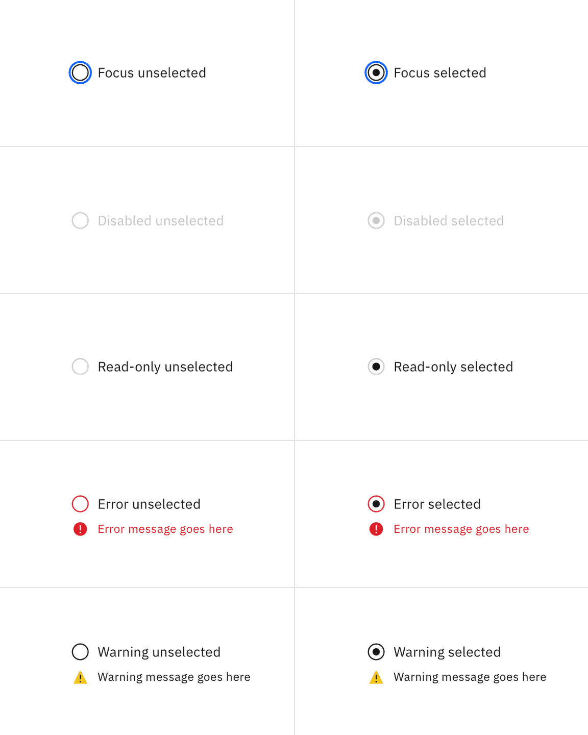 Examples of focus, disabled, read-only, error, and warning states