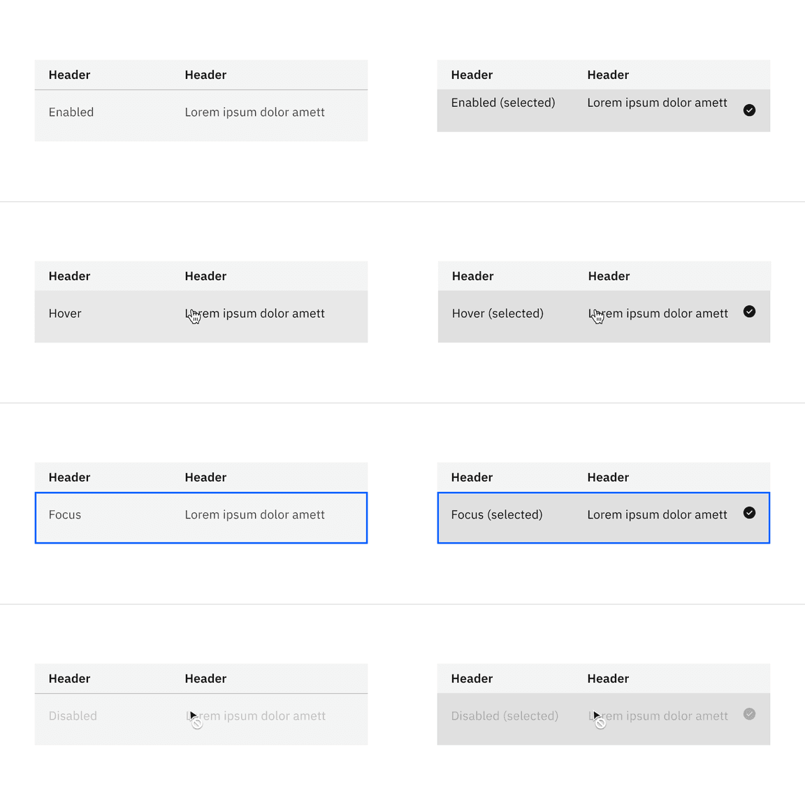 Selectable structured list interactive states with the feature flag disabled